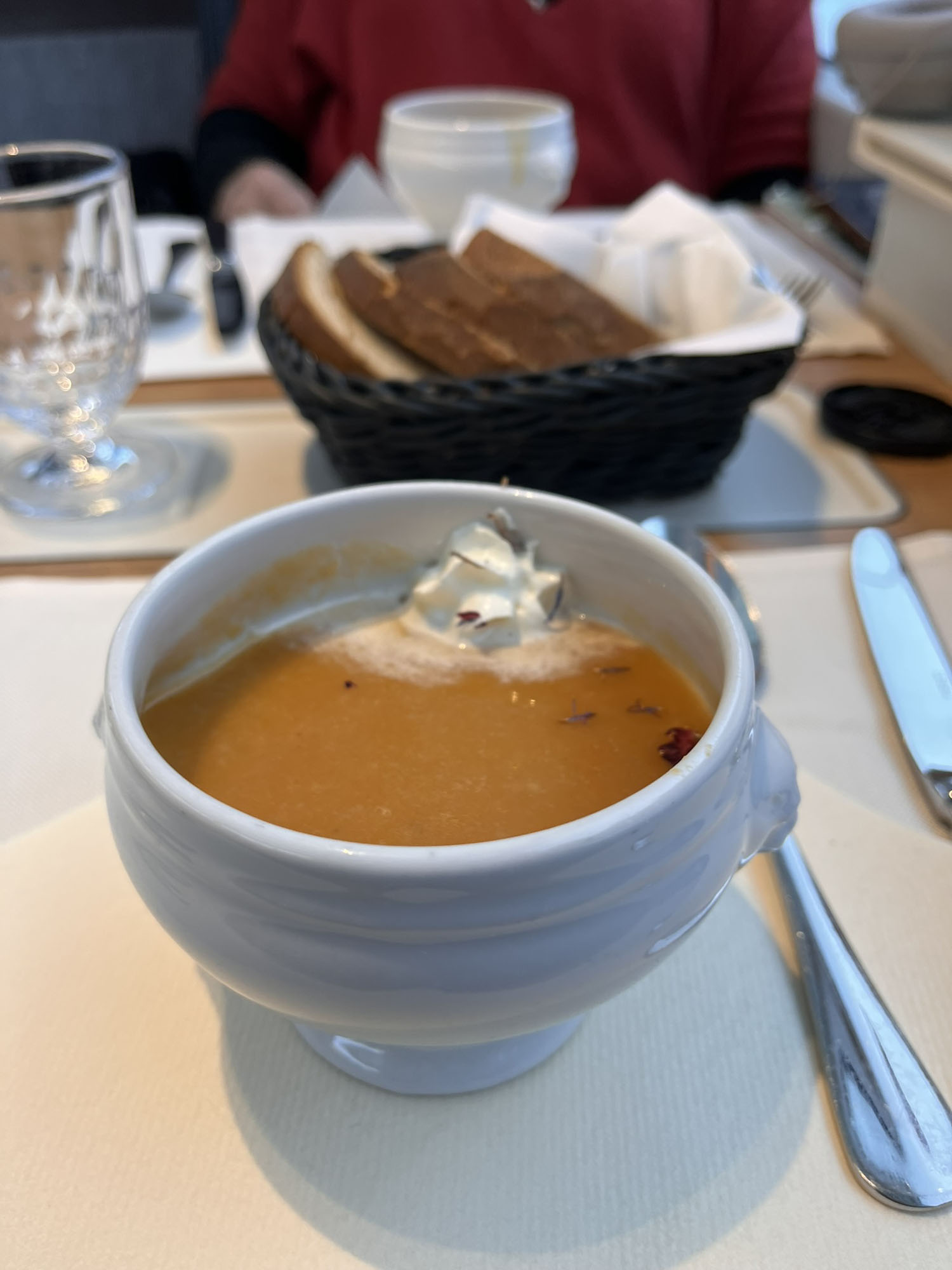 Considering that we were travelling in second class, the food was great and this Pumpkin and Chestnut soup was an entree. The quality and quantity scale was balanced.